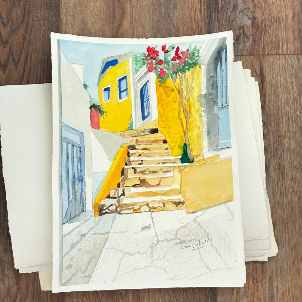Greek Steps and Blue Doors Warren C Plauche Original Watercolor Painting 11x15
